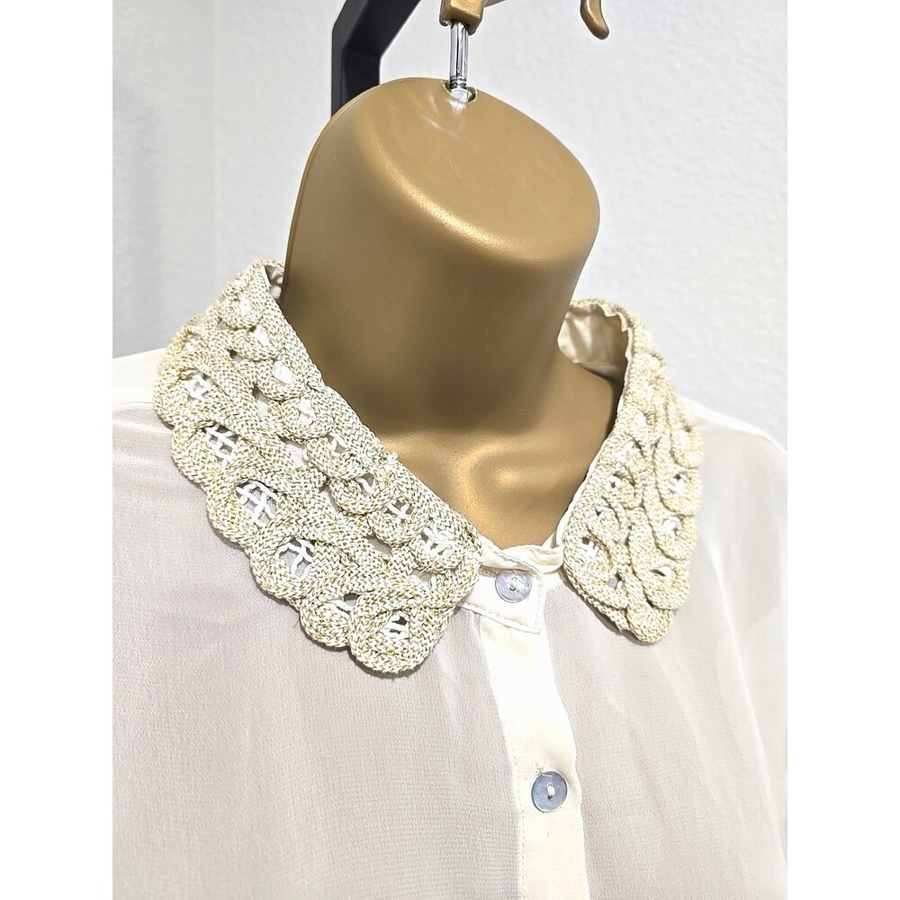 Vintage Sheer Cream Top Womens XL Crochet Lace Collar Office Siren Career Chic